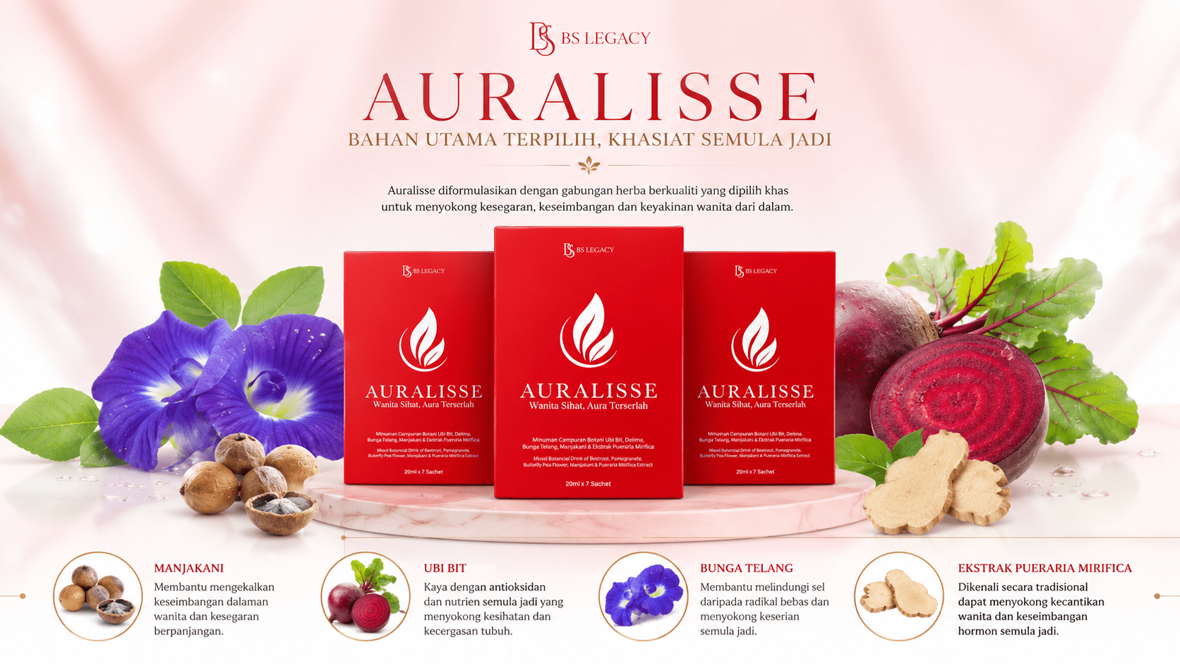 Auralisse - Bahan Utama Terpilih: Manjakani, Ubi Bit, Bunga Telang, Ekstrak Pueraria Mirifica